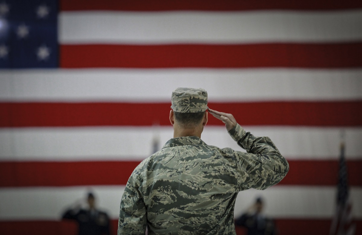 U.S. Air Force Lt. Col. Jason Miller, 108th Operations Support Squadron commander, salutes during an assumption of command ceremony for Col. Patrick M. Kennedy, as Kennedy takes command of the New Jersey Air National Guard's 108th Wing on Joint Base McGuire-Dix-Lakehurst, N.J., May 20, 2018. (U.S. Air National Guard photo by Master Sgt. Matt Hecht)